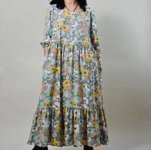Altar Houseline Women's Floral Print Tiered Midi Smock Dress with Puff Sleeves